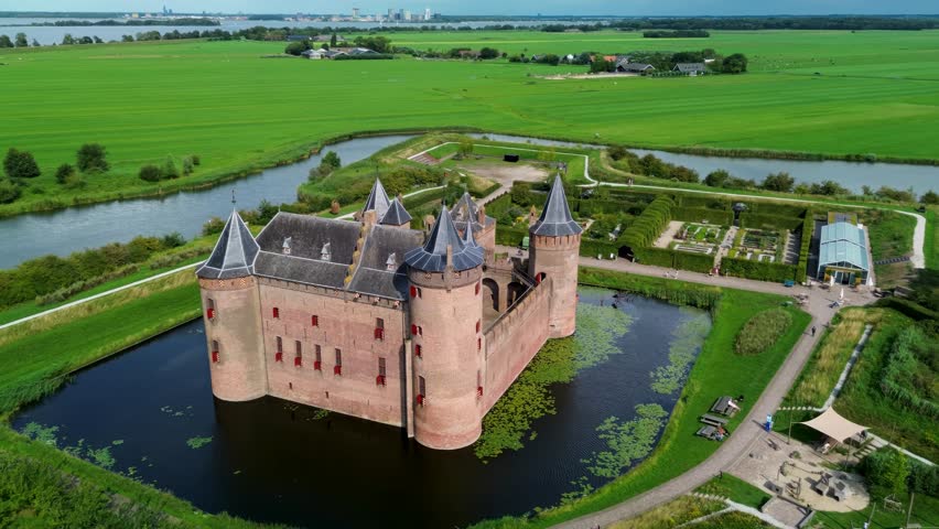 Stunning aerial view of Muiderslot Castle in the Netherlands, surrounded by canals, a marina full of boats, and a charming townscape stretching toward the horizon. Green fields, with walking paths.
