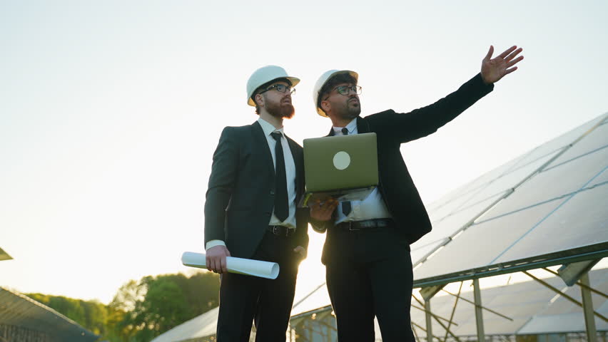 Engineers discussing solar panel installation with laptop and blueprints