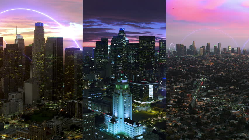  Smart City Skyline At Sunset With Glowing Blue Digital Network Lines Connecting Skyscrapers, Symbolizing Global Connectivity, Innovation, And Urban Development For The Future. Los Angeles, California - Powered by Shutterstock - Get 15% off with code: PIKWIZARD15