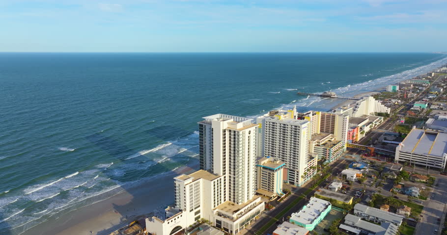 Real estate and tourism hub in Daytona Beach, Florida. Oceanfront development with upscale hotels and condominiums near the Atlantic coast.