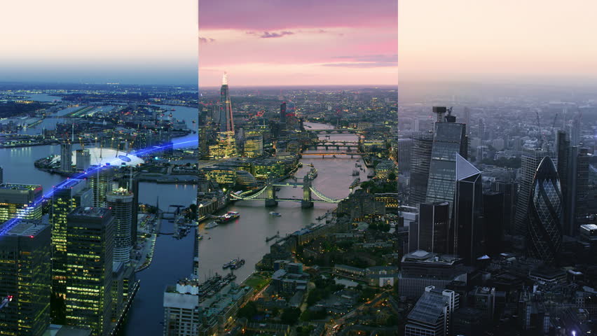 Modern City Skyline At Dusk With Glowing Blue Digital Network Connections Linking Skyscrapers, Symbolizing Technology, Innovation, And Smart Communication Across Urban Infrastructure. London, England. - Powered by Shutterstock - Get 15% off with code: PIKWIZARD15