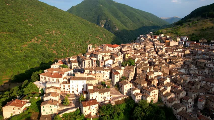 Italy. Scanno is one of Abruzzo's most beautiful villages (borgo) in the Apennine Mountains .4k hd aerial drone video. Italian tourism and unique destinations