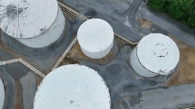 Several fuel tanks on industrial area of company in America. Aerial top down shot. Truck loading petroleum on ramp. Street in suburb of Harrisburg, Pennsylvania. - Powered by Shutterstock - Get 15% off with code: PIKWIZARD15