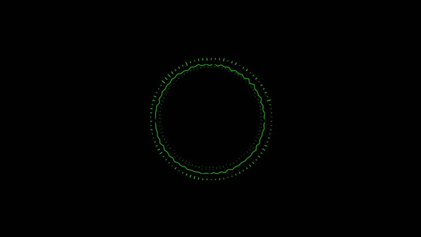 Abstract green circular form with pulsating lines and dots on a black background. Represents audio equalizer, sound wave, or futuristic interface. Seamless loop