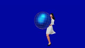 Animated illustration of businesswoman holding glowing digital globe with wireframe lines, symbolizing global business, international communication, worldwide connection, globalization and modern tech - Powered by Shutterstock - Get 15% off with code: PIKWIZARD15