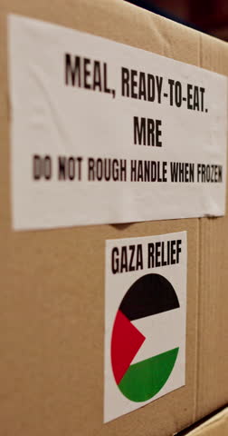 Palestine, donation and charity box with shipping for war relief, crisis response and food package. Logistics, MRE and caution label on parcel for humanitarian aid, Gaza outreach and NGO distribution