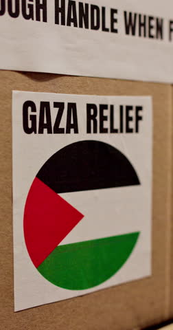 Palestine, charity or donation package with shipping for war relief, famine crisis or food delivery. Logistics, MRE and caution label on parcel for humanitarian aid, Gaza outreach or NGO distribution