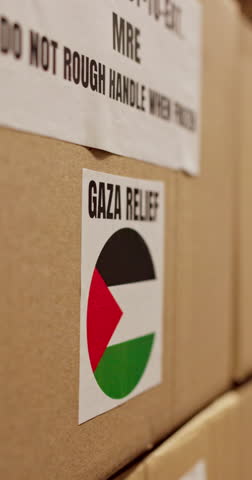 Palestine, donation and charity box with delivery for war relief, famine crisis or parcel shipping. Cargo, MRE or caution label on package for social responsibility, Gaza outreach or NGO distribution