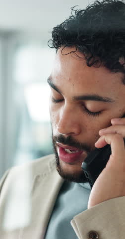 Disappointed, phone call and man in office, talking or bad news for client, loan rejection or offer. Business, financial advisor and communication with contact for low credit score or consultation