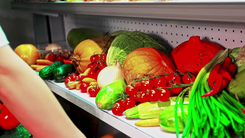 Gloved hand selecting fresh vegetables from grocery store shelf and placing them into shopping basket in produce section