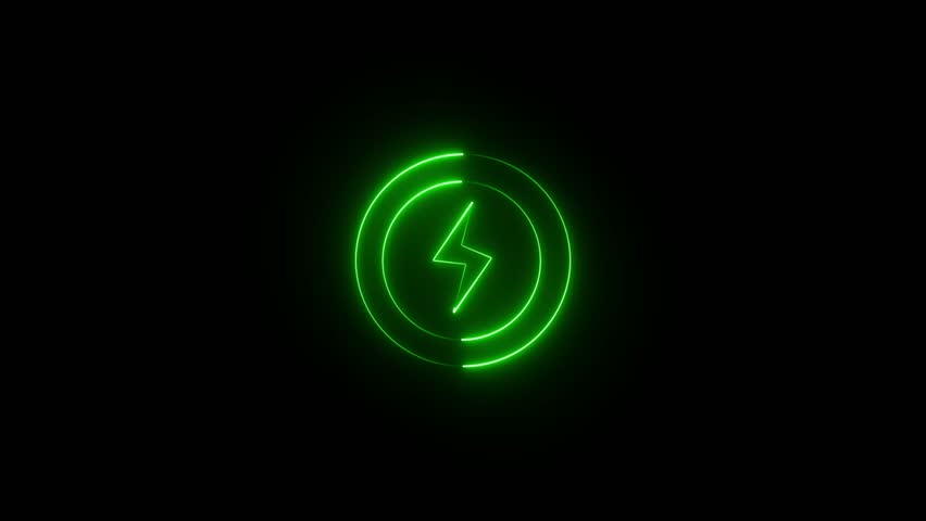 Neon green icon representing a charging battery or power source with circle motion, 4k video resolution.