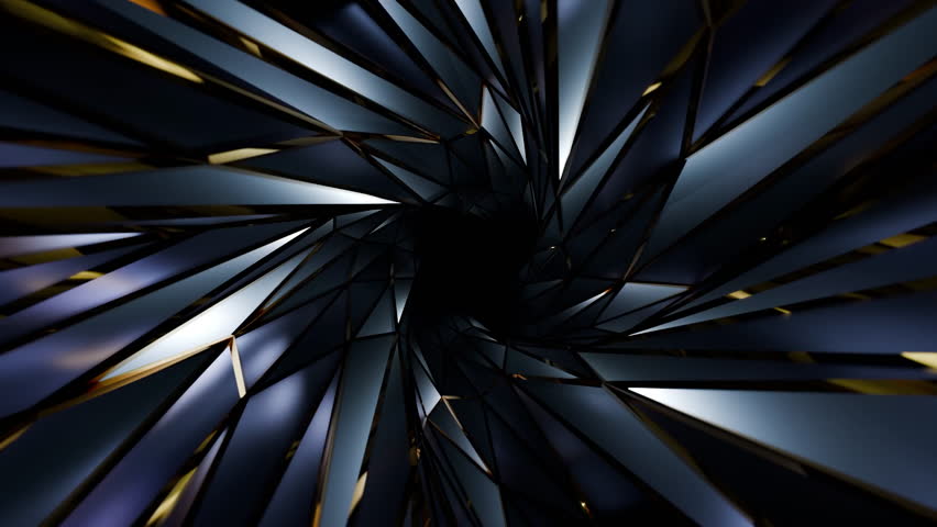 Abstract golden and dark blue rotating geometric tunnel