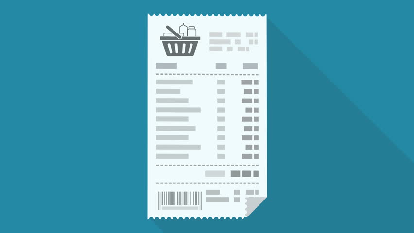 Animation of a sales receipt falling from the top to the center on blue background with long shadow in flat design style (landscape)