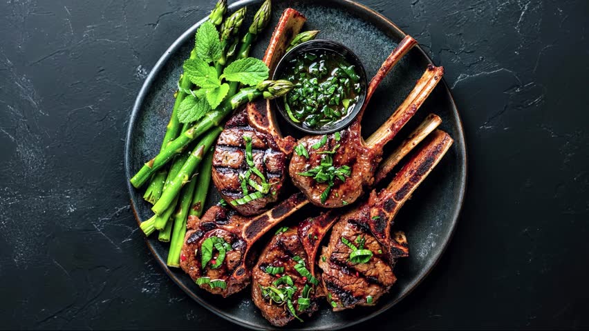 Grilled lamb chops served with green vegetables and sauce on a dark plate.