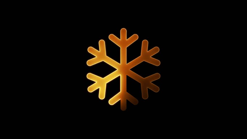 Snowflake icon animation by golden color neon mask glow on black background.