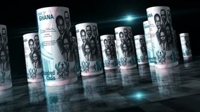 Ghana Cedi Ghanaian money rolls loop 3d. Money on table. Seamless and loopable abstract concept of economy, finance and business. Camera between 100 GHC rolled banknotes. - Powered by Shutterstock - Get 15% off with code: PIKWIZARD15