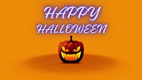 Looping Halloween animation with glowing pumpkin head jack-o’-lantern and Happy Halloween lettering. Perfect festive clip for party intros, horror themes, seasonal greetings, spooky backdrops - Powered by Shutterstock - Get 15% off with code: PIKWIZARD15