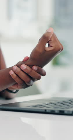 Business, hands and woman with wrist pain, stress and carpal tunnel syndrome with inflammation. Closeup, person and employee with muscle tension, sprain and arthritis with injury and bone fracture