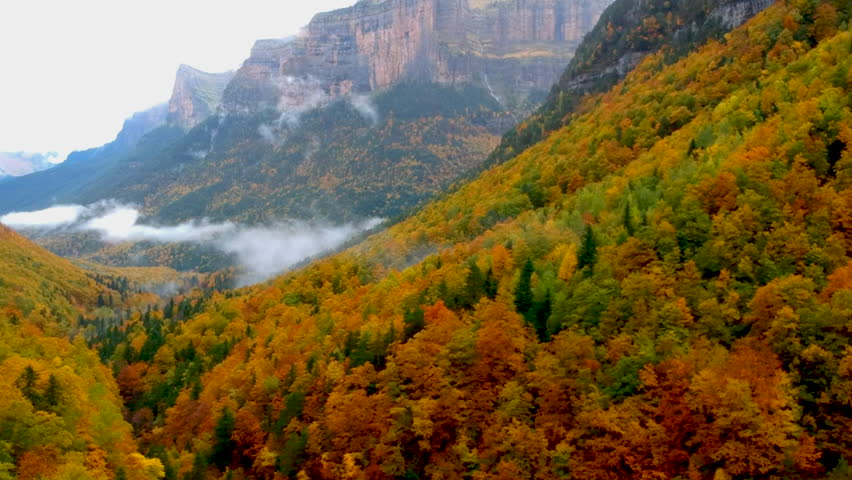 Aerial View of Autumn Colors in Ordesa y Monte Perdido, Pyrenees Spain