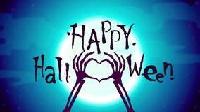Halloween animation of skeleton hands forming a heart symbol under a glowing full moon with spooky Halloween lettering made from bones. Perfect creepy yet playful loop for holiday intros. - Powered by Shutterstock - Get 15% off with code: PIKWIZARD15