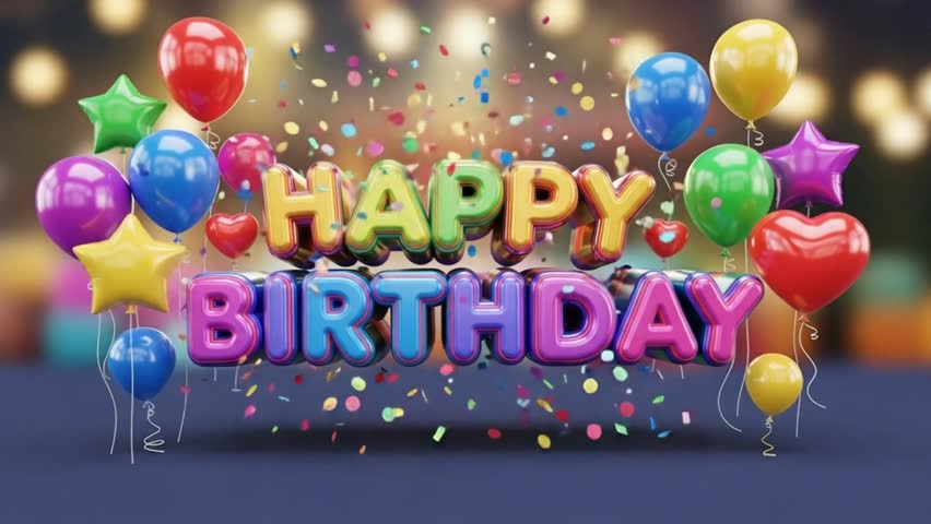 "Colorful Happy Birthday Animation with Balloons and Confetti"