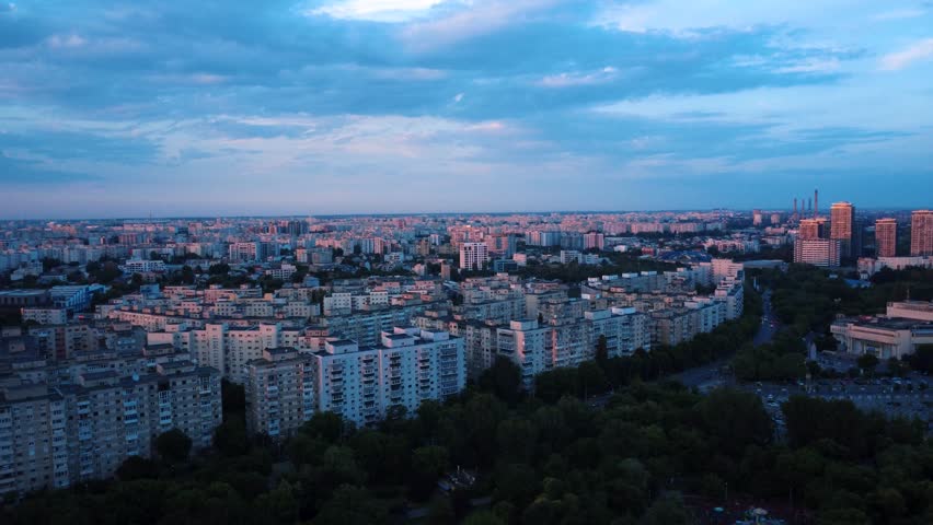 Bucharest cityscape skyline at sunset aerial view