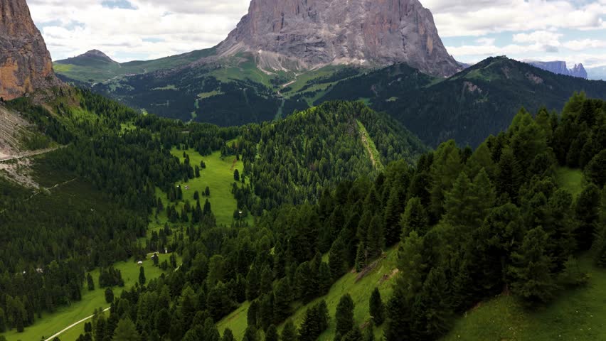 Aerial drone shot revealing the majestic Sassolungo mountain (Langkofel) as the camera rises above a dense coniferous forest in the Dolomites, South Tyrol, Italy