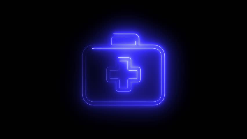 First aid kit icon animation by blue color neon on black background.