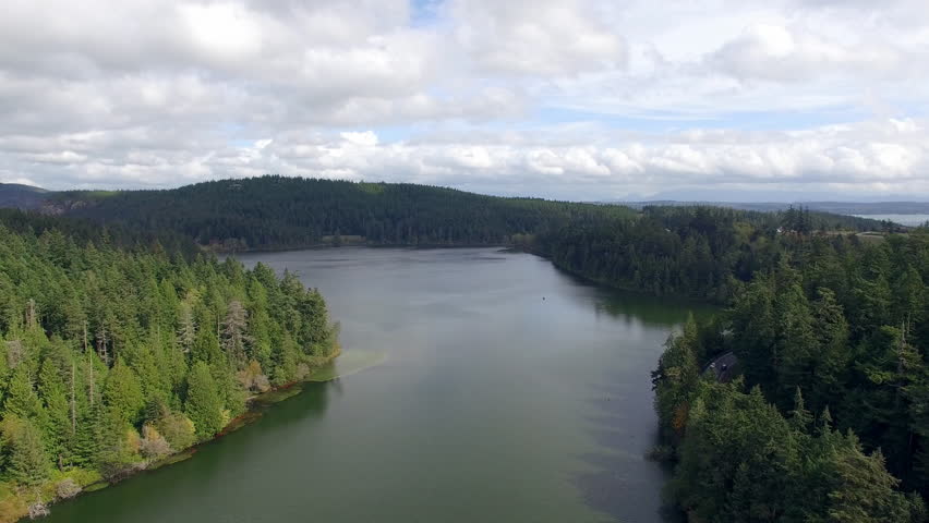 Scenic aerial view of road and forest near tranquil lake on cloudy day
