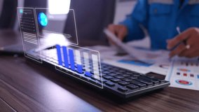 Close-up of hands typing on keyboard in office, developing innovative futuristic software with holographic interface, big data, and deep learning for modern technology and digital innovation. - Powered by Shutterstock - Get 15% off with code: PIKWIZARD15