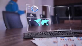 Holographic futuristic interface displayed over keyboard, visualizing big data and deep learning, symbolizing advanced technology, artificial intelligence, and modern digital innovation in computing. - Powered by Shutterstock - Get 15% off with code: PIKWIZARD15