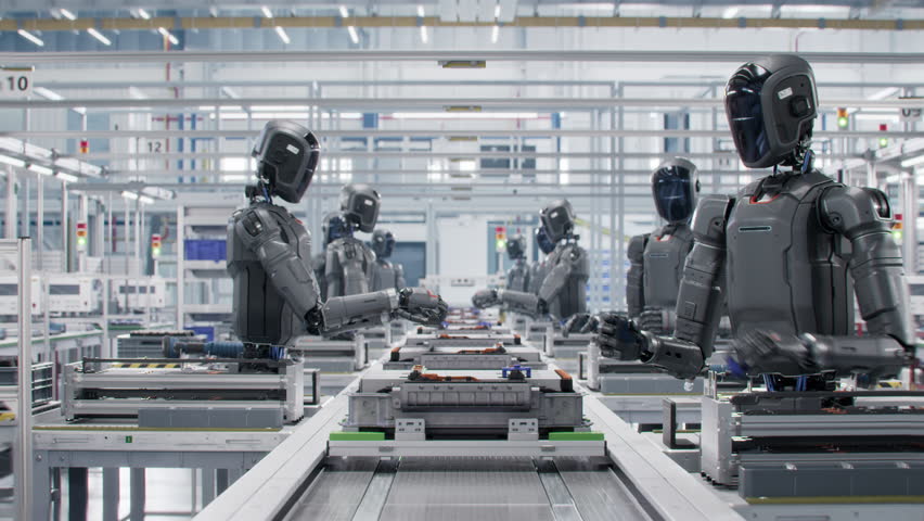 3D Animation: Autonomous AI-Powered Humanoid Robots Work at Factory on Assembly Line. Industrial Automation AI Accelerated: Advanced Robot Working on Complex Detail in Industrial Environment.
