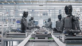 3D Animation: Autonomous AI-Powered Humanoid Robots Work at Factory on Assembly Line. Industrial Automation AI Accelerated: Advanced Robot Working on Complex Detail in Industrial Environment. - Powered by Shutterstock - Get 15% off with code: PIKWIZARD15