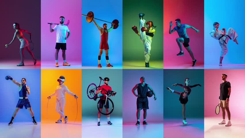 Animated poster, banner with professional sportsmen in sports uniform over multicolored background in neon filter. Concept of motion, action, competition, achievements. Summer sports. Winner emotions