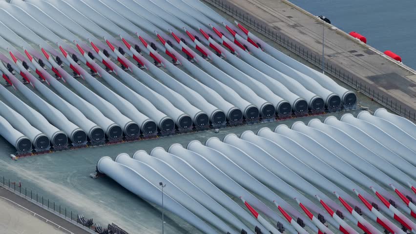 Aerial view of wind power production equipment getting prepared for installation in the North Sea - Clean green energy production from wind farming	