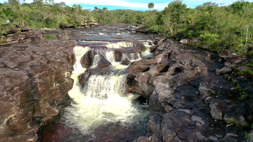 An aerial view of Cano Cristales River in Colombia with cascading waters and colorful rock formations in lush tropical surroundings