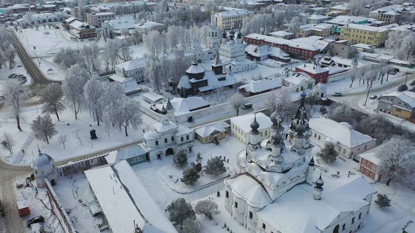 Aerial view of architectural ensemble of Annunciation Monastery and Holy Trinity Convent in Murom in winter day, Russia