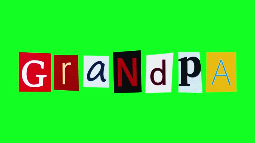 Animated Grandpa text in vintage newspaper collage style on green screen. Perfect for family history projects, nostalgic titles, and heartfelt video tributes with easy chroma key removal