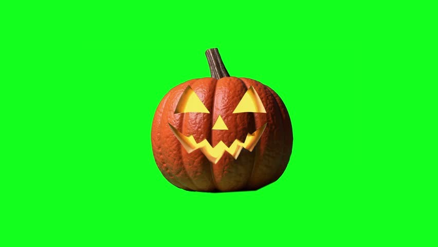 3D animated Halloween pumpkin with carved glowing face, slightly moving. Isolated on green screen background. Perfect for Halloween projects, spooky intros, and holiday decorations.