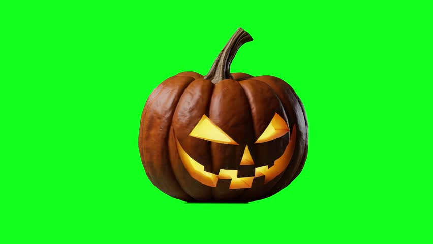 3D animated Halloween pumpkin with carved glowing face, slightly moving. Isolated on green screen background. Perfect for Halloween projects, spooky intros, and holiday decorations.