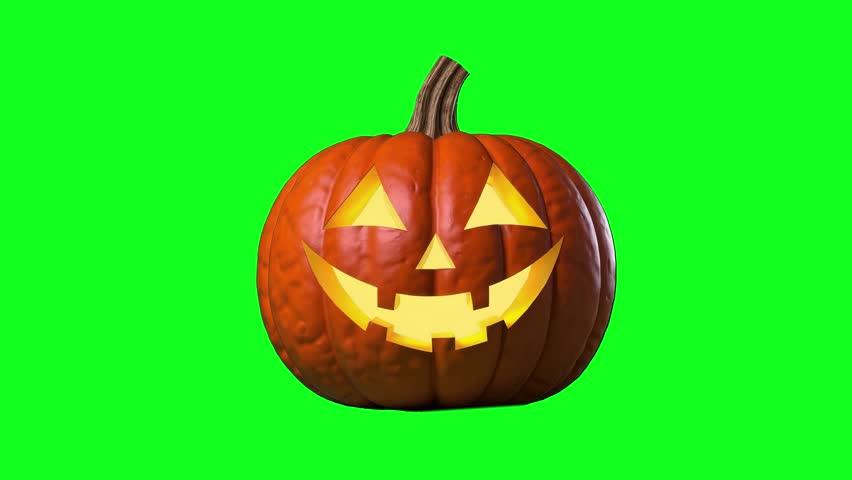 Halloween pumpkin jack-o’-lantern with glowing face isolated on green chroma key background, spooky holiday animation.