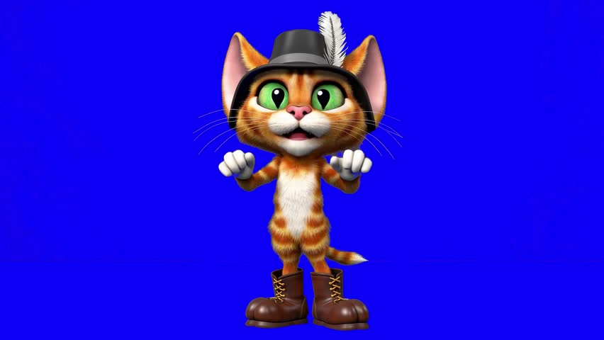 Animated Puss in Boots style cat character speaking on blue chroma key background. Cartoon feline wearing boots and a hat with a feather, mouth moving while talking. Perfect for fairy tale, animation,