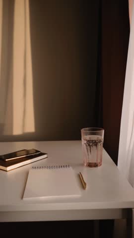 Moody golden hour sunset home office desk with notepad and stationery, warm brown palette, background with copyspace
