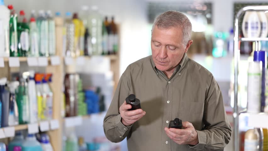 Elderly man standing in a supermarket tastes perfume. Buyer came to the store for a new perfume. High quality 4k footage