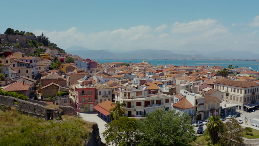 Sunny Summer Vibes in city Nafplio, Greece – 4K Aerial Drone Footage. 