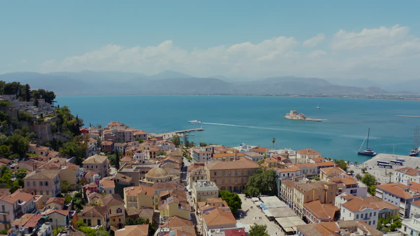 Sunny Summer Vibes in city Nafplio, Greece – 4K Aerial Drone Footage. 