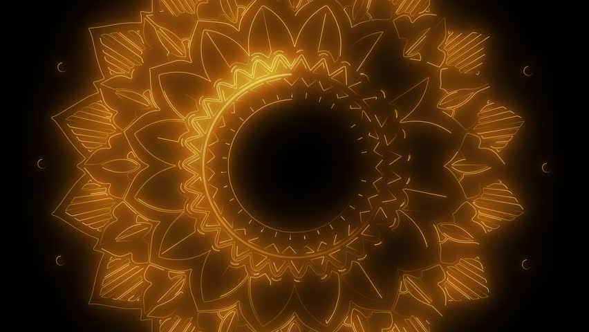 A glowing, golden mandala design against a black background. The intricate patterns create a mesmerizing and spiritual aesthetic, perfect for artistic or decorative use.