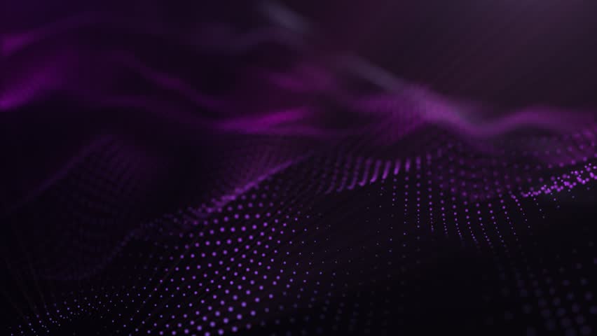 Abstract digital art features a wavy pattern of purple dots, creating a dynamic and futuristic visual.