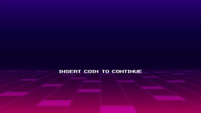 PRESS START. INSERT A COIN TO CONTINUE. pixel art .8 bit game. retro game. for game assets. Retro Futurism Sci-Fi Background. glowing neon grid. and stars from vintage arcade computer games - Powered by Shutterstock - Get 15% off with code: PIKWIZARD15