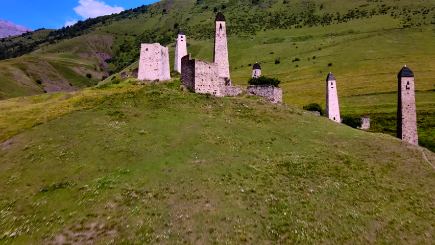 Towers in Ingushetia - landmark of the region, front view close-up, Caucasus Range, Russia